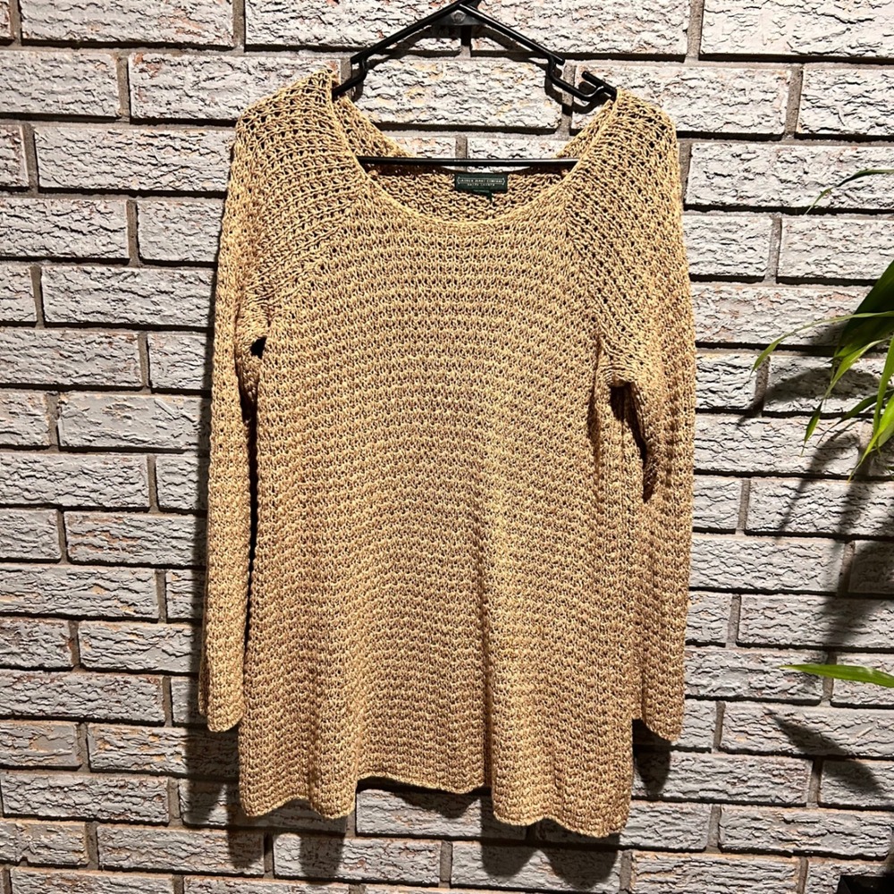 Lauren Ralph Lauren Tan Open Knit Crochet Scoop Neck Long Sleeve Sweater - Picture 1 of 7